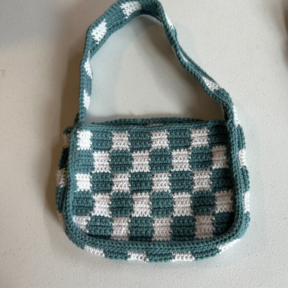 Crochet Unisex Small Shoulder Bag Blue Checkered Handmade